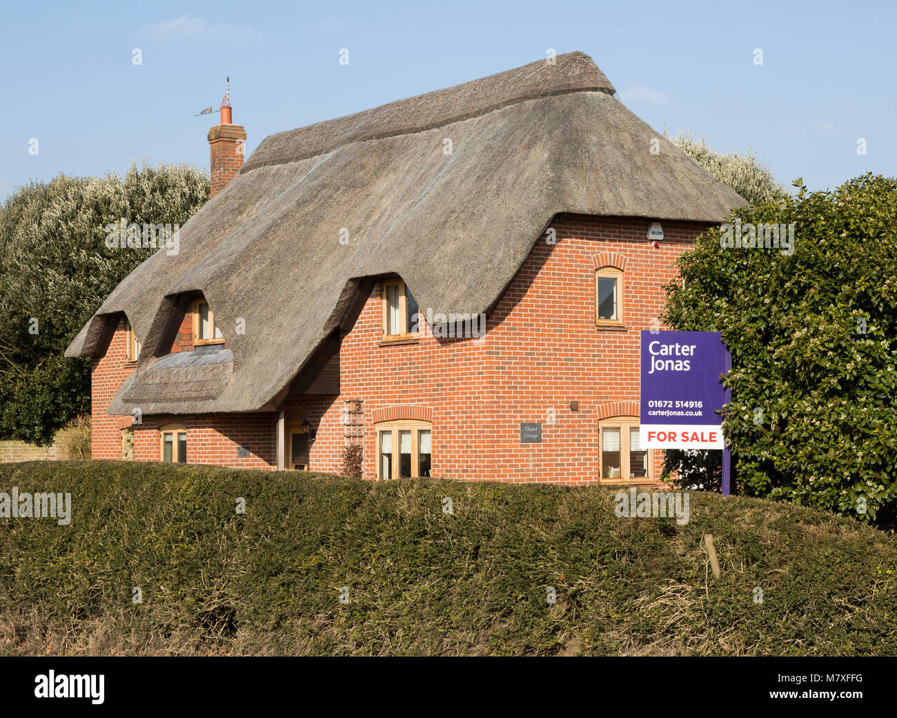 Thatched country cottage for sale with Carter Jonas estate agent sign