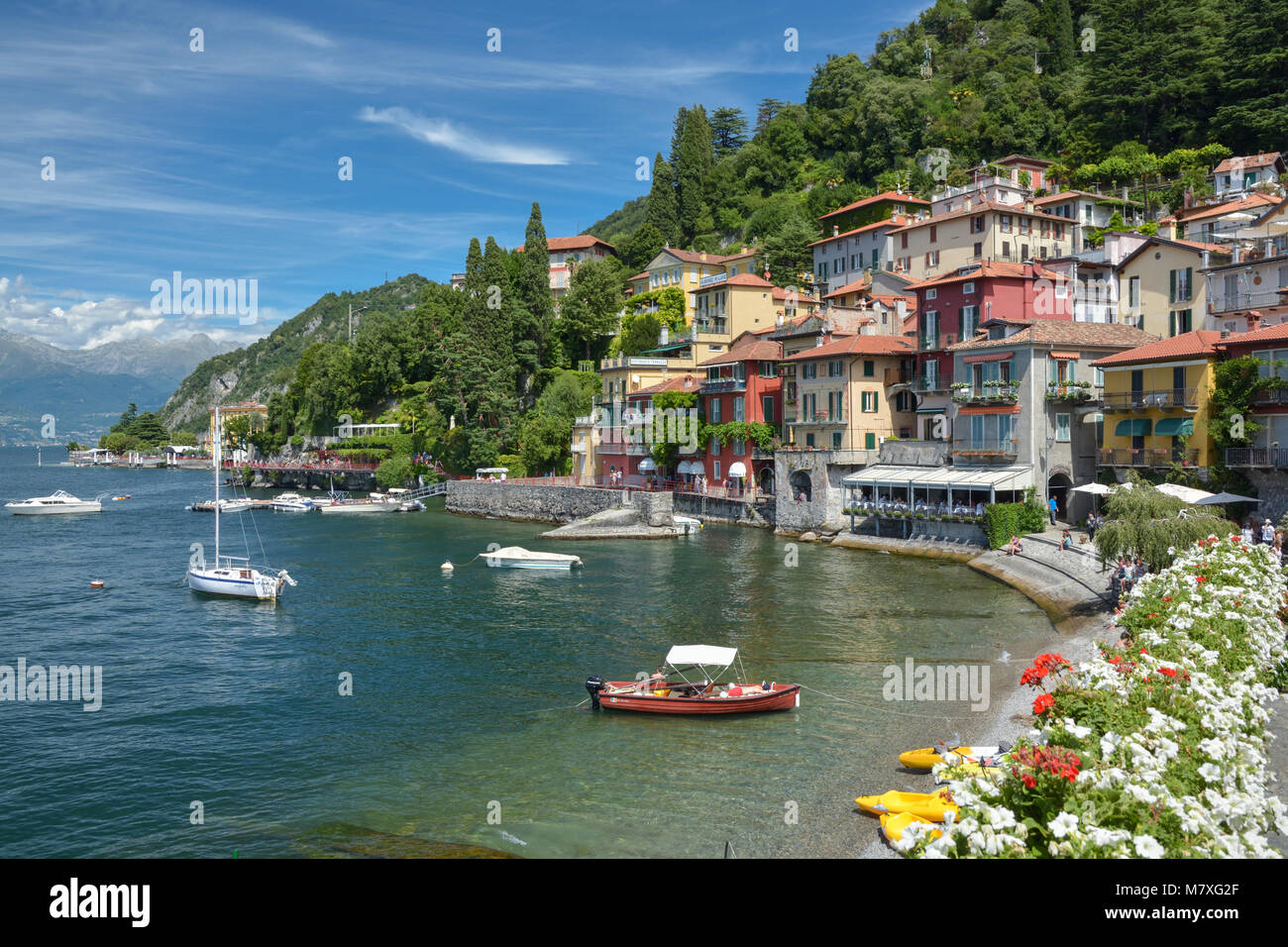 VARENNA, ITALY - AUGUST, 2017 - Small harbor in Varenna at lake Como in Italy Stock Photo