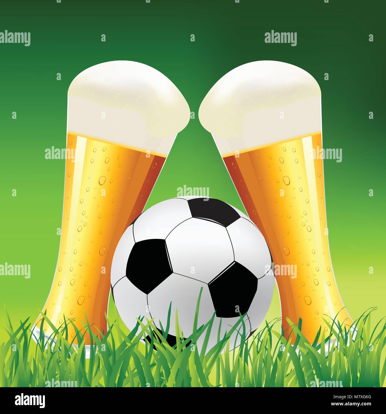 Beer glass and soccer ball on grass. Green soccer background illustration Stock Vector