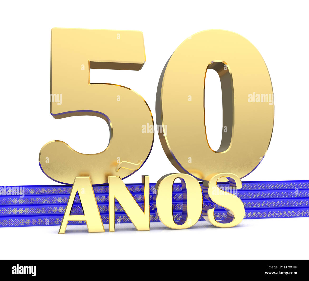 Golden number fifty and the inscription years on the blue stairs with  golden symbols endless knot. Translated from the Spanish - years. 3D  illustratio Stock Photo - Alamy, image size:1300x1182