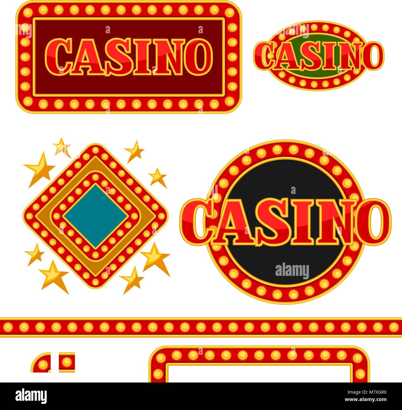 Set of casino signboards and borders with lightbulbs Stock Vector