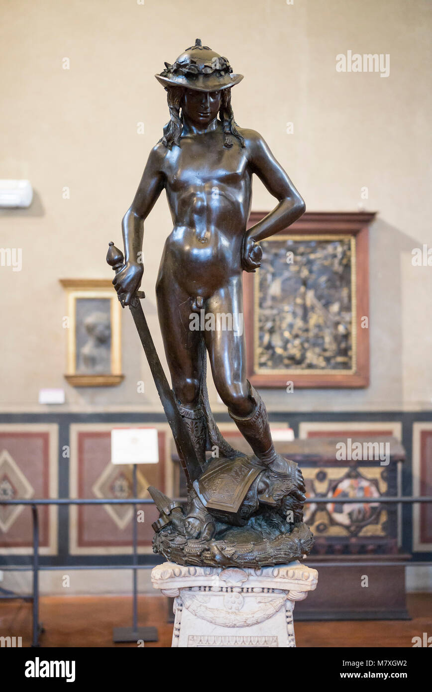 Florence. Italy. Bronze statue of David (ca.1430-1440) by Donatello, Museo Nazionale del Bargello. (Bargello National Museum) Stock Photo
