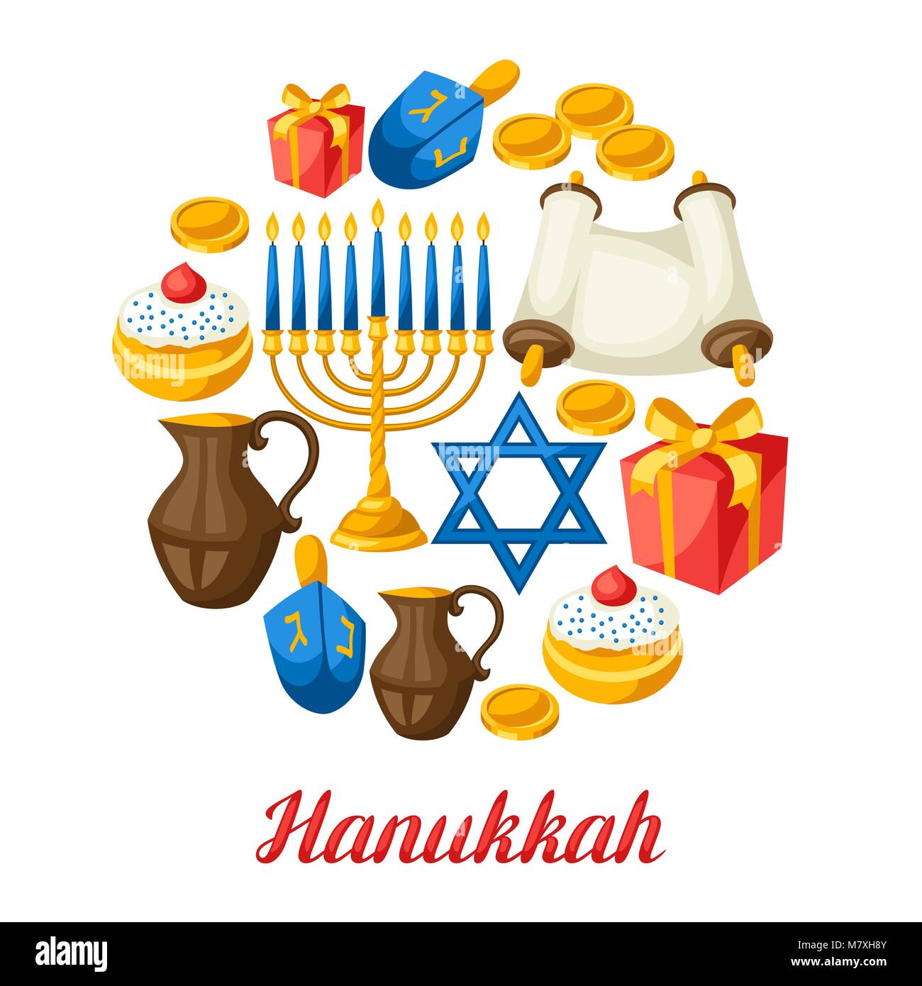 Jewish Hanukkah celebration card with holiday objects Stock Vector