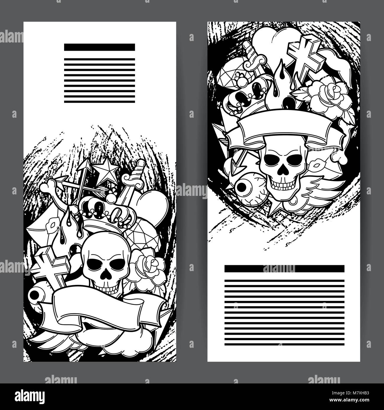 Banners With Retro Tattoo Symbols Cartoon Old School Illustration