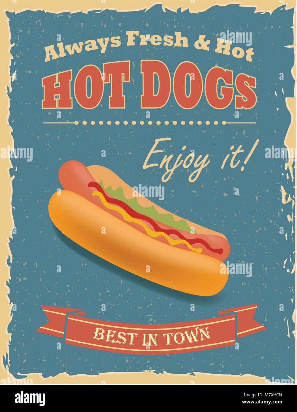 Vintage Hot Dogs poster with grunge effects. Stock Vector