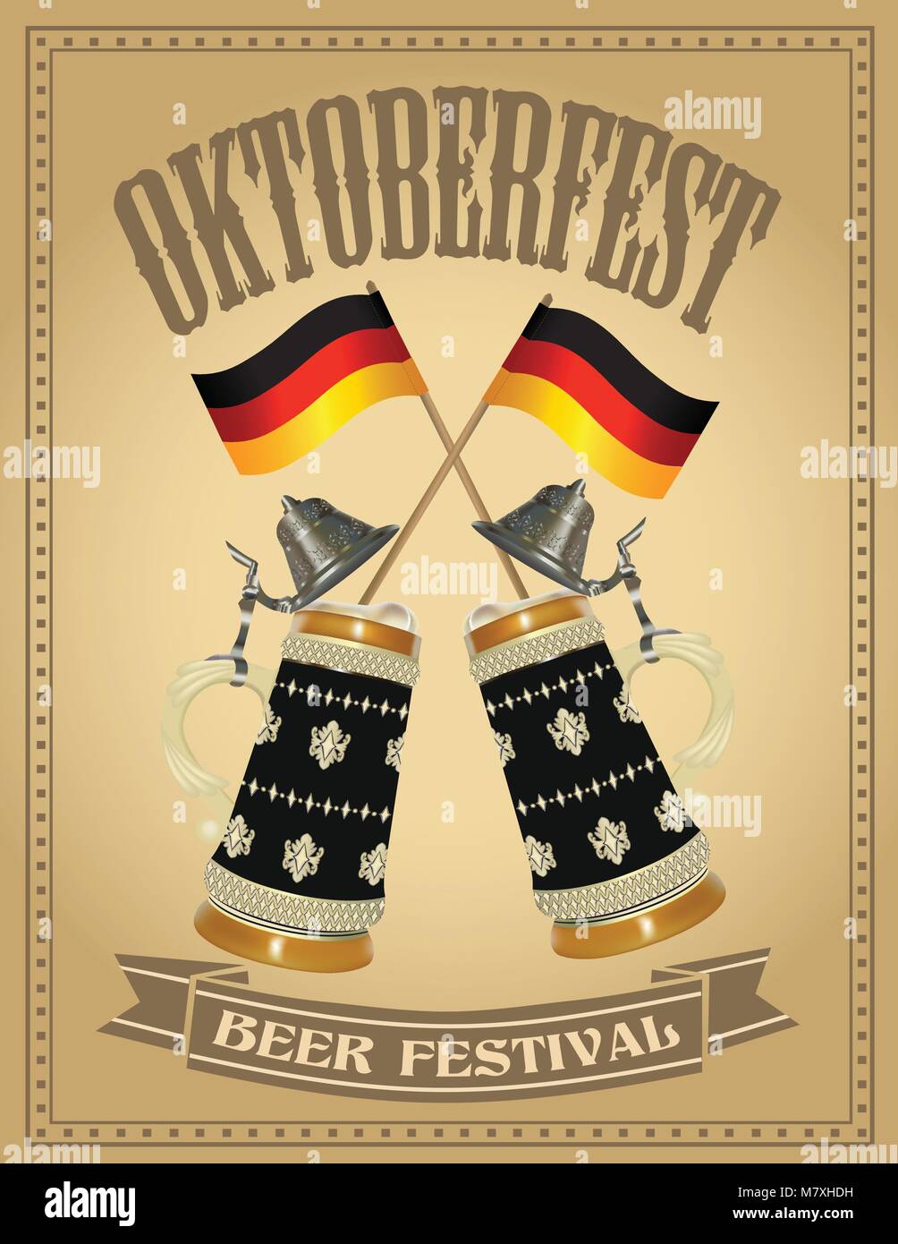 Oktoberfest poster with two German beer stein Stock Vector