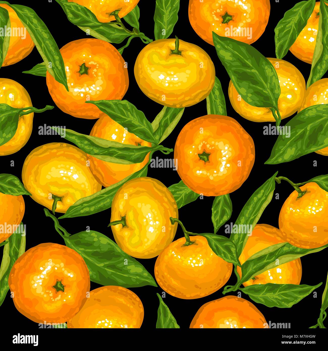 Seamless pattern with mandarins. Tropical fruits and leaves Stock Vector