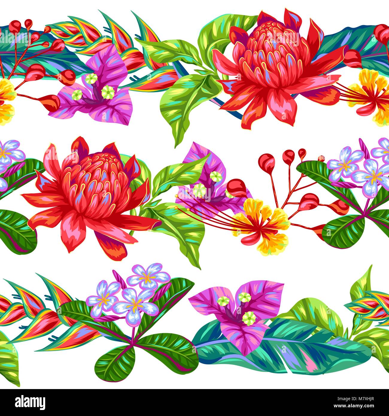 Seamless pattern with Thailand flowers. Tropical multicolor plants, leaves and buds Stock Vector