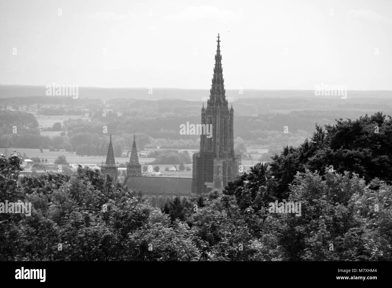 minster of ulm with the highest steeple panorama in a nostalgic black and white look Stock Photo