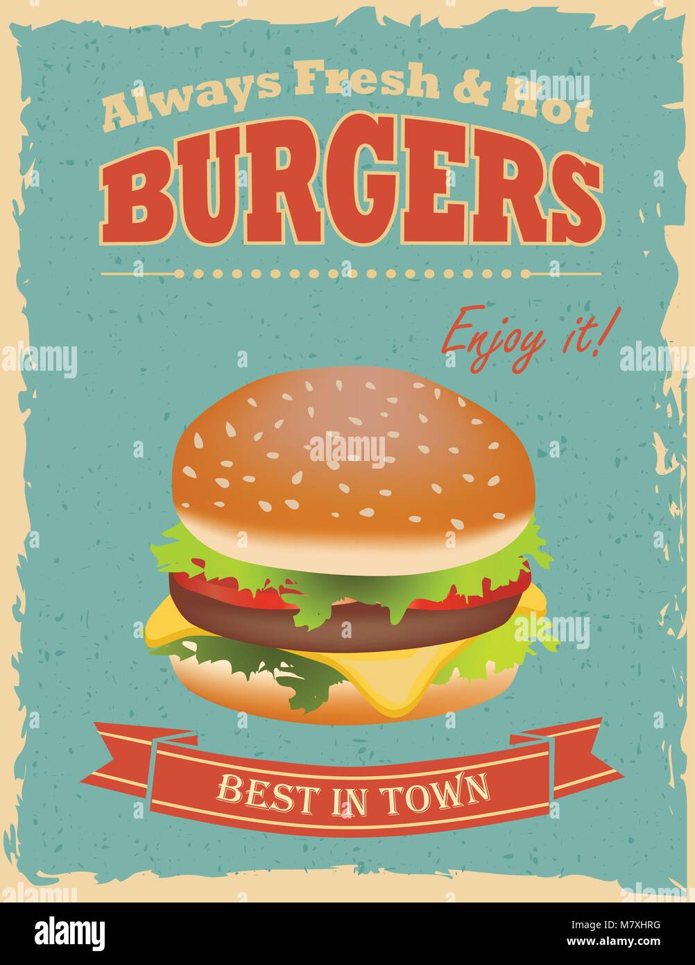 Fast food restaurant poster with retro hamburger Stock Vector