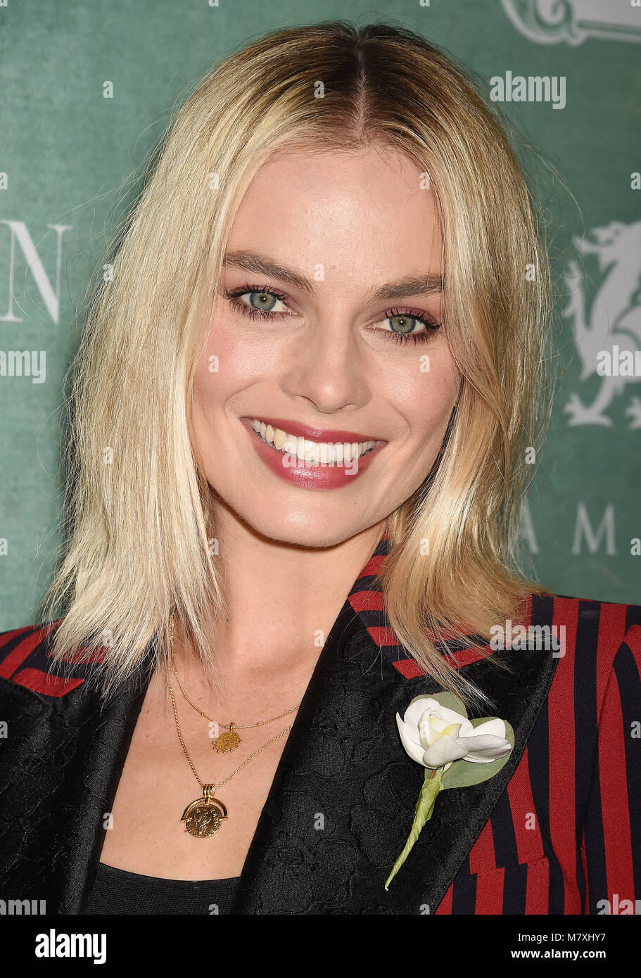 MARGOT ROBBIE Australian film actress arrives at the 11th Annual Celebration Of The 2018 Female Oscar Nominees Presented By Women In Film at Crustacean on March 2, 2018 in Beverly Hills, California. Photo: Jeffrey Mayer Stock Photo