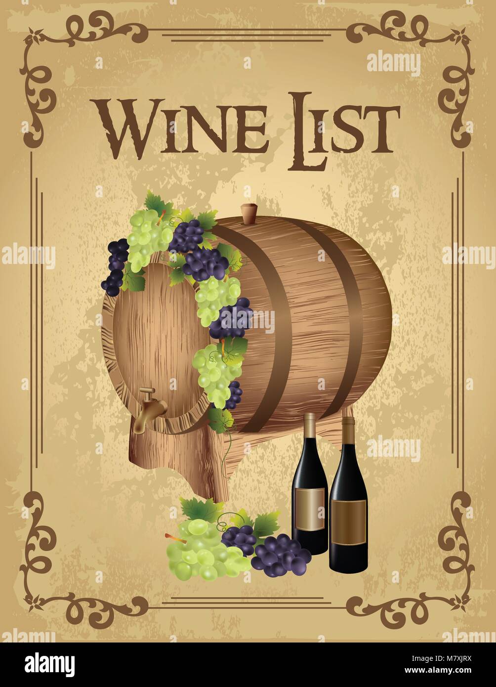 Wine list poster with a wooden barrel and wine bottle Stock Vector