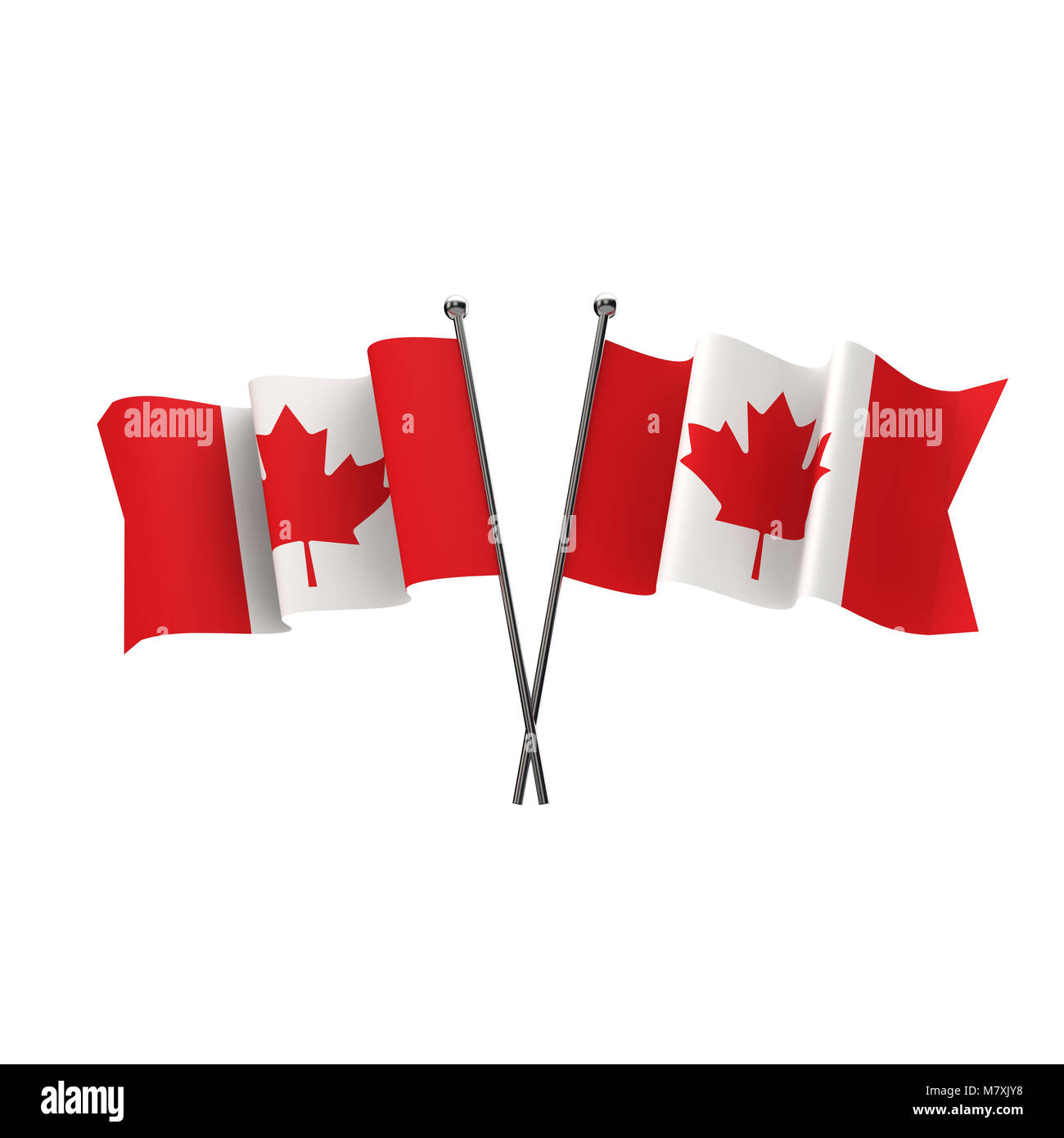 Canada flags crossed isolated on a white background. 3D Rendering Stock