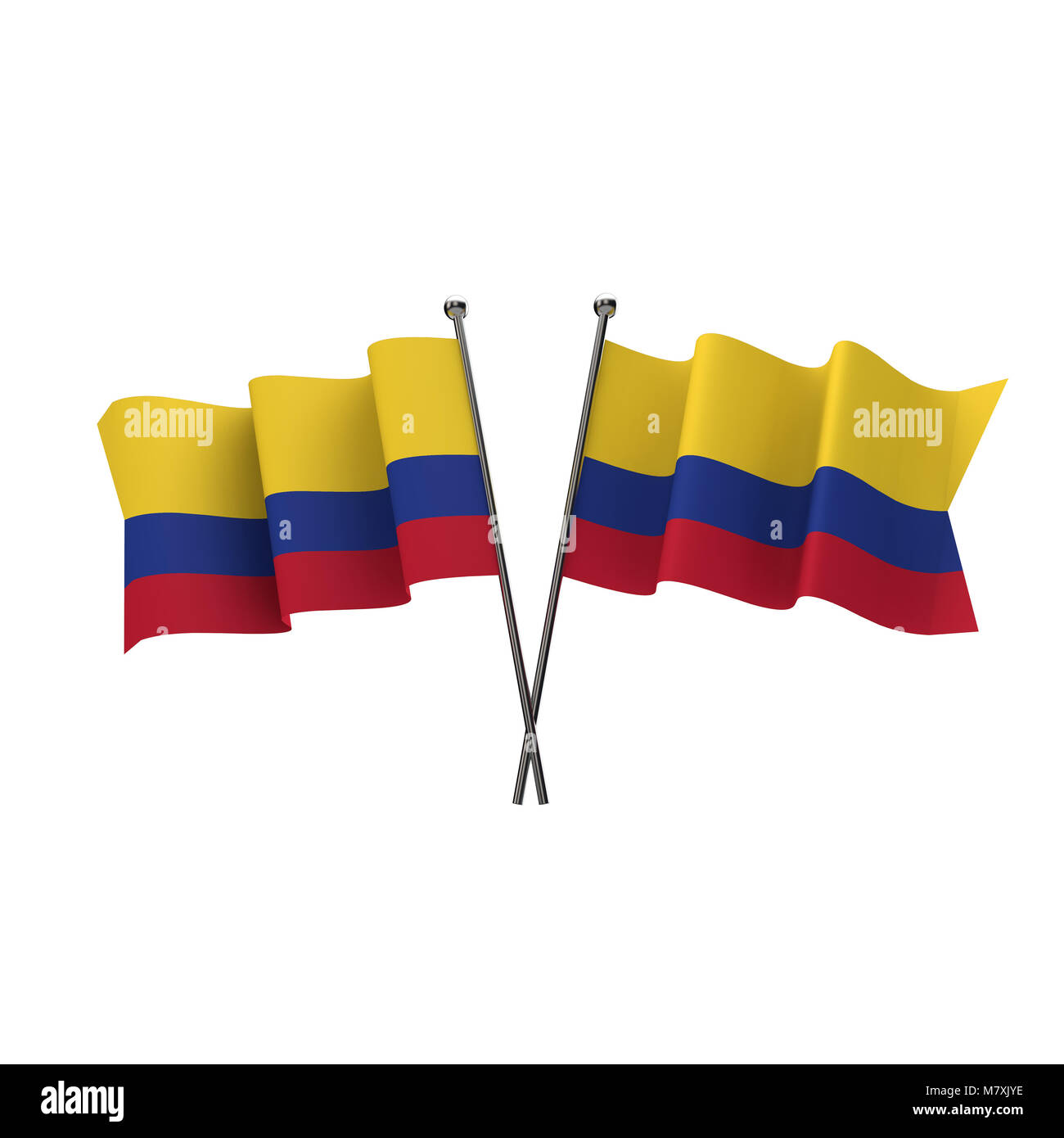 Colombia flags crossed isolated on a white background. 3D Rendering Stock Photo