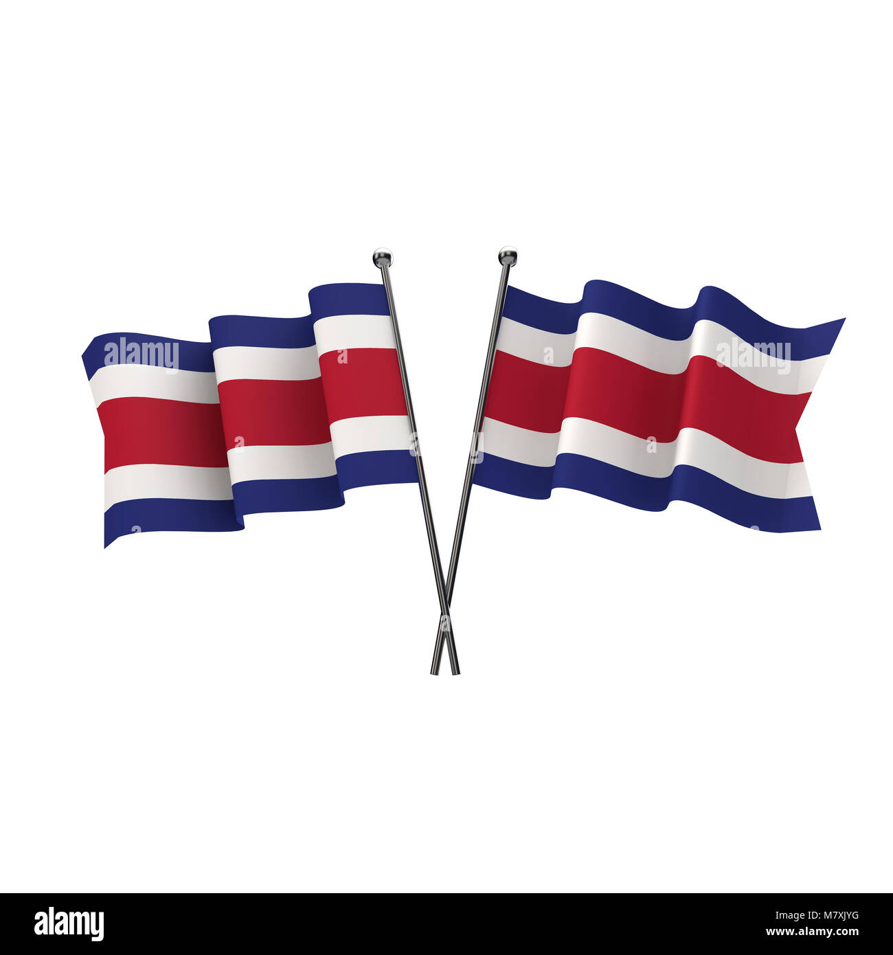 Costa Rica flags crossed isolated on a white background. 3D Rendering