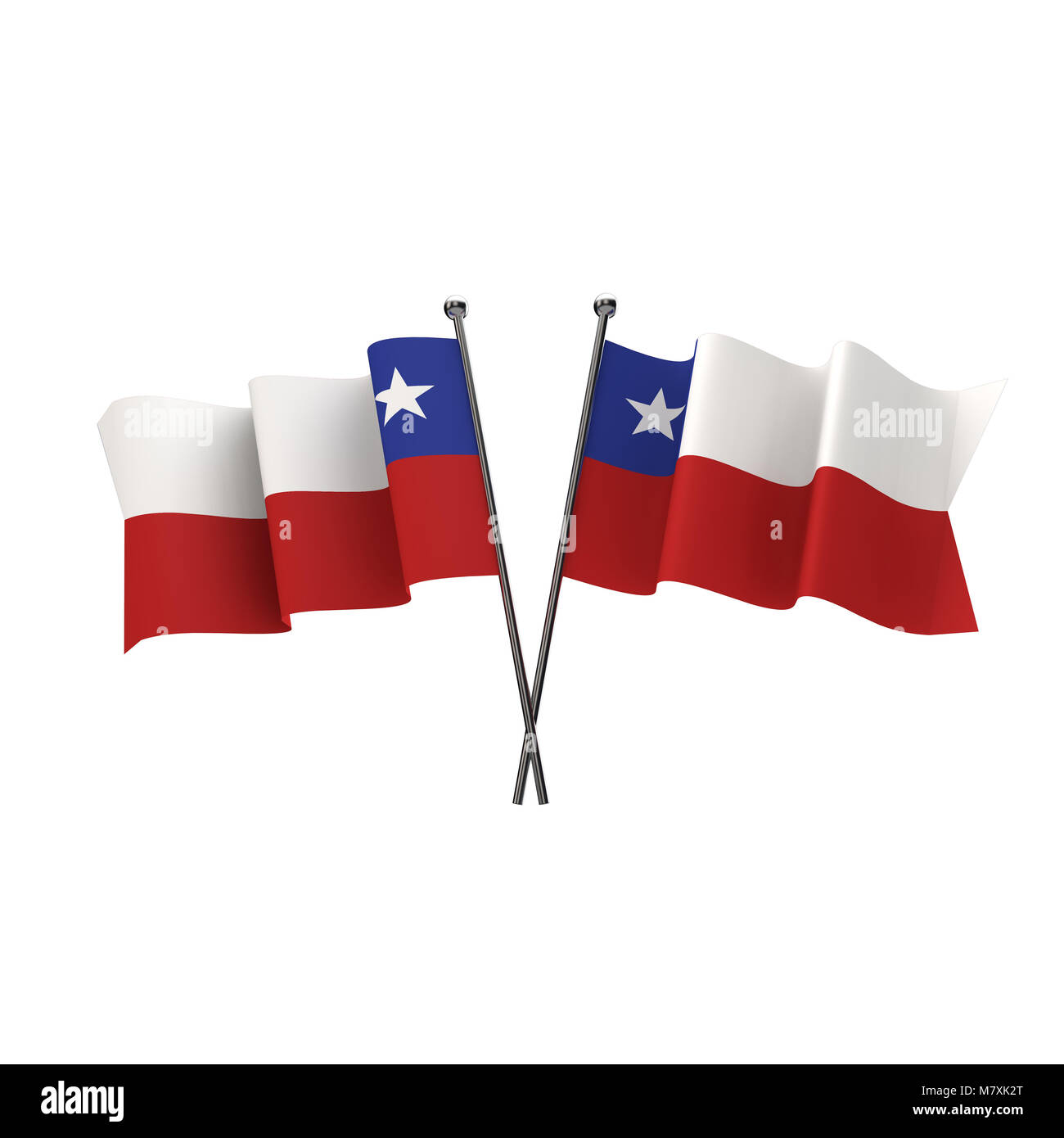 Chile flags crossed isolated on a white background. 3D Rendering Stock