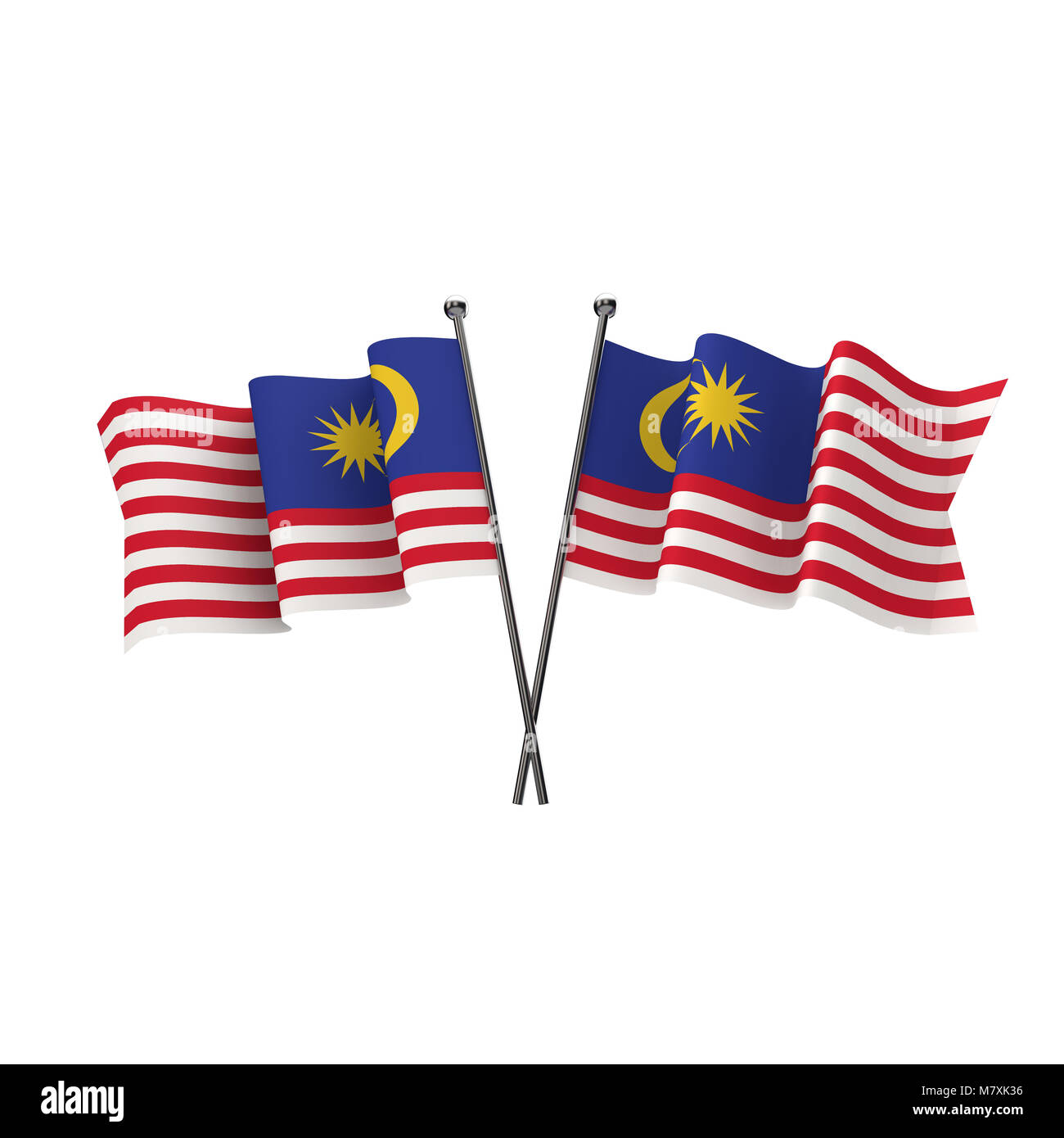Malaysia flags crossed isolated on a white background. 3D Rendering