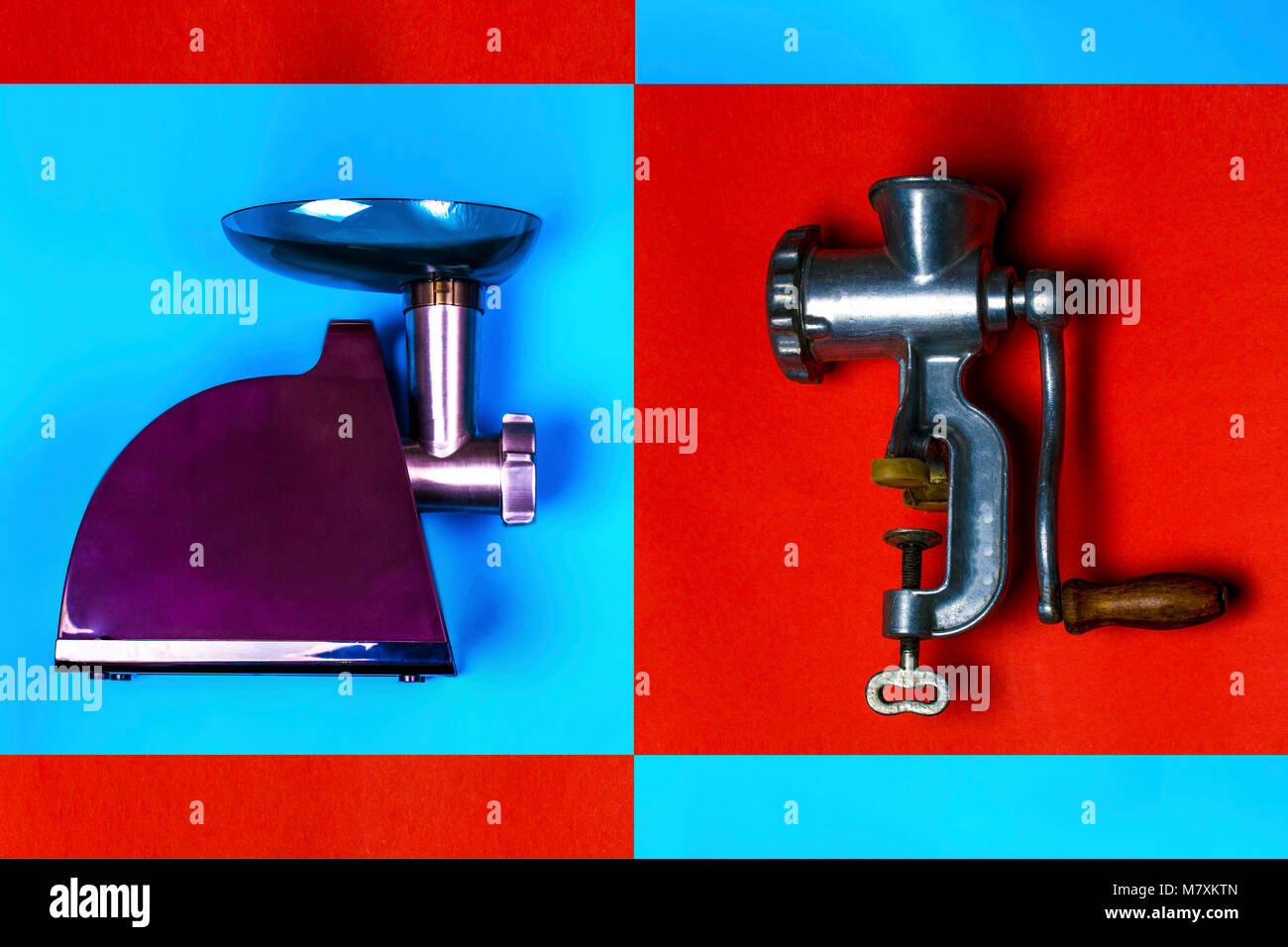 two meat grinders on a bright background, the concept of old age and a generation change, flat