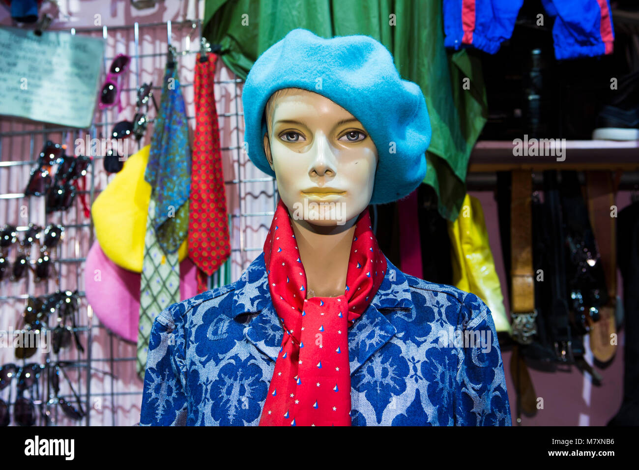 Vintage store, mannequin with hat and silk necktie. Stock Photo