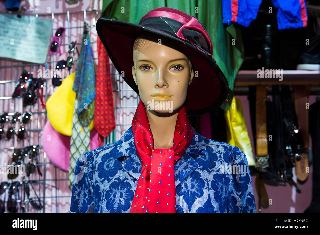 Vintage store, mannequin with hat and silk necktie. Stock Photo