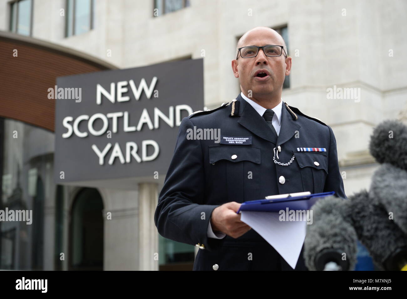 UK's head of counter-terrorism policing Neil Basu, speaking at Scotland Yard, where he explained that the investigators' 'prime focus' is how poison was administered to former Russian double agent Sergei Skripal and his daughter Yulia, as police and members of the armed forces continue to investigate the suspected nerve agent attack in Salisbury. Stock Photo