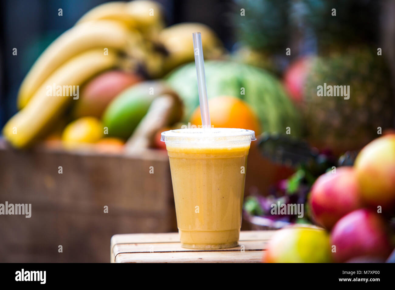 Street food healthy smoothie juice. Stock Photo