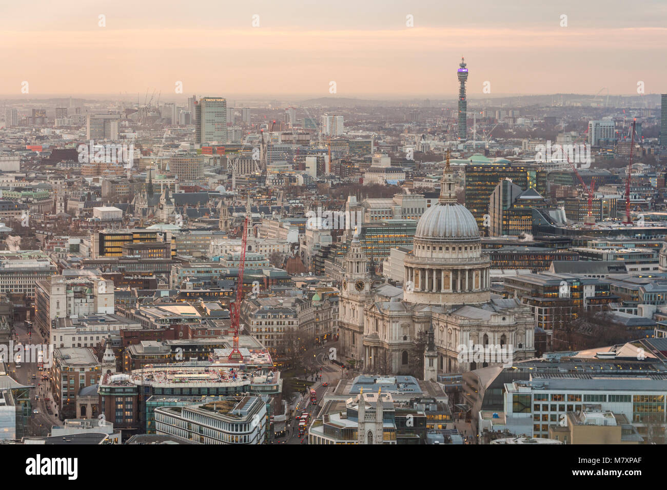 LONDON, UK – JAN 2018:  View of St. Paul's Cathedral and London from above with BT tower in distance Stock Photo