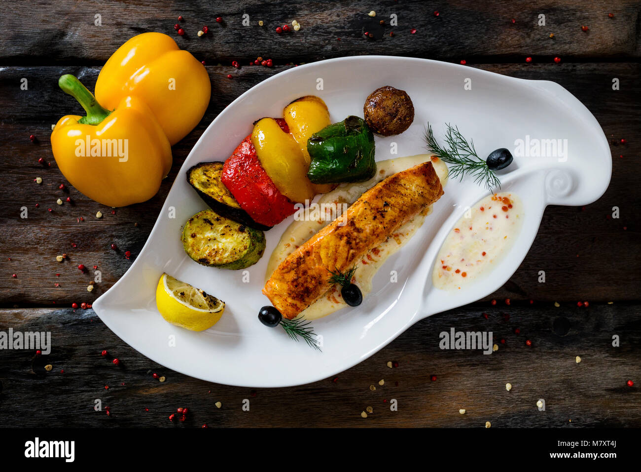 Grilled Fish Fillet with BBQ Vegetables Stock Photo - Alamy