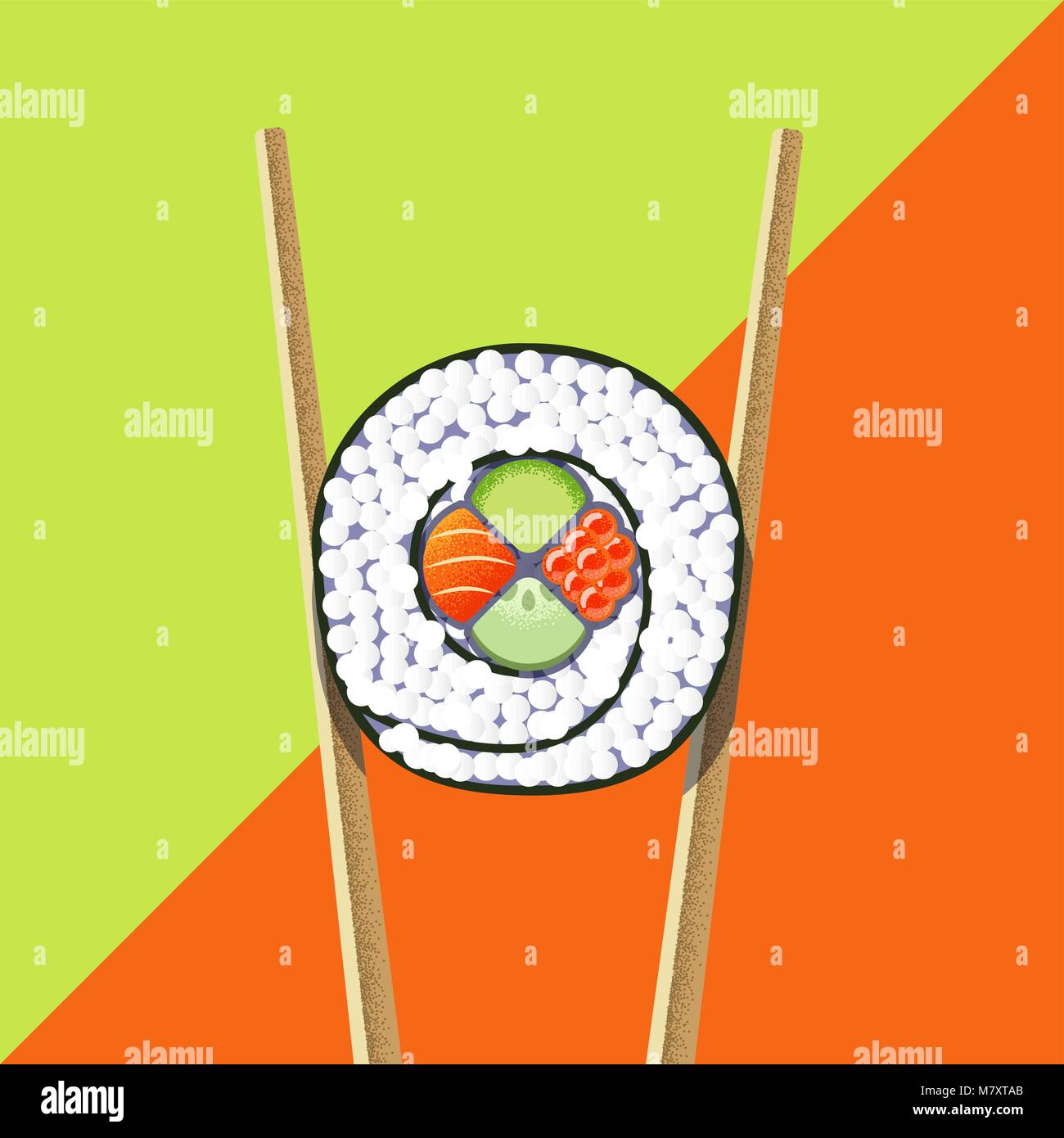 Vector illustration of sushi roll with two chopsticks on the bright green and orange background. Flat geometric design and textures. Stock Vector