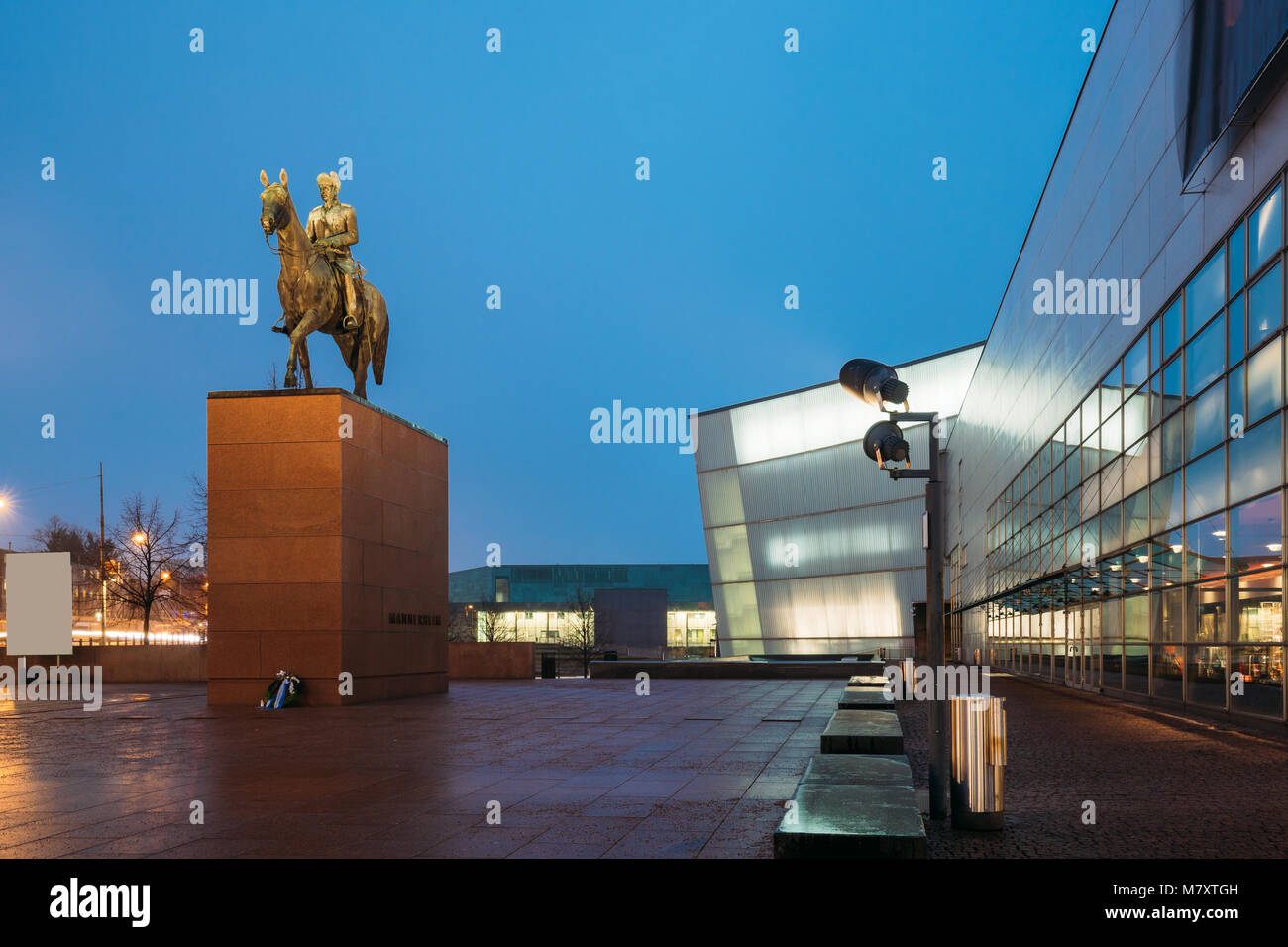 Helsinki, Finland. Evening View Of Equestrian Statue Of Marshal Mannerheim. Monument To Marshal Of Finland Carl Gustaf Emil Mannerheim. Stock Photo