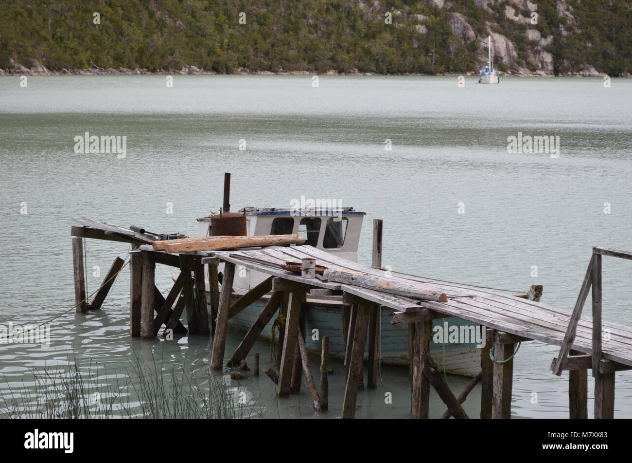 Caleta Tortel, a tiny coastal hamlet located in the midst of Aysen (Southern Chile)’s fjords Stock Photo