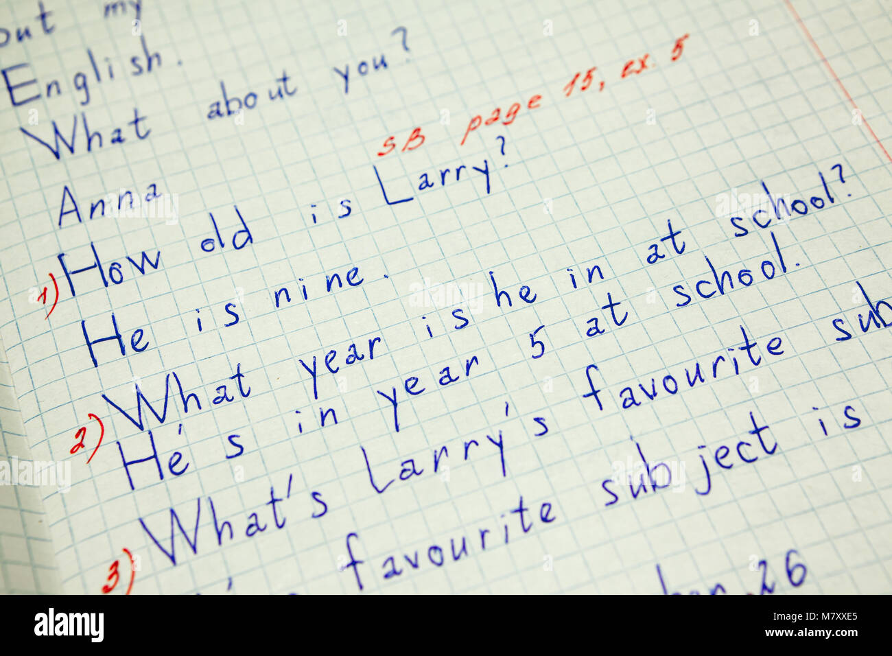 Squared notebook with English handwritten text and red correction marks