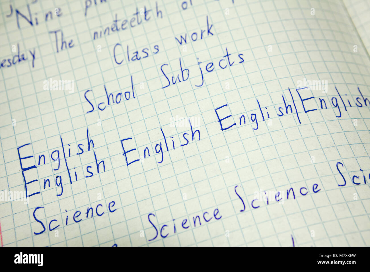 English education, vocabulary note-book with inscription English, science words Stock Photo