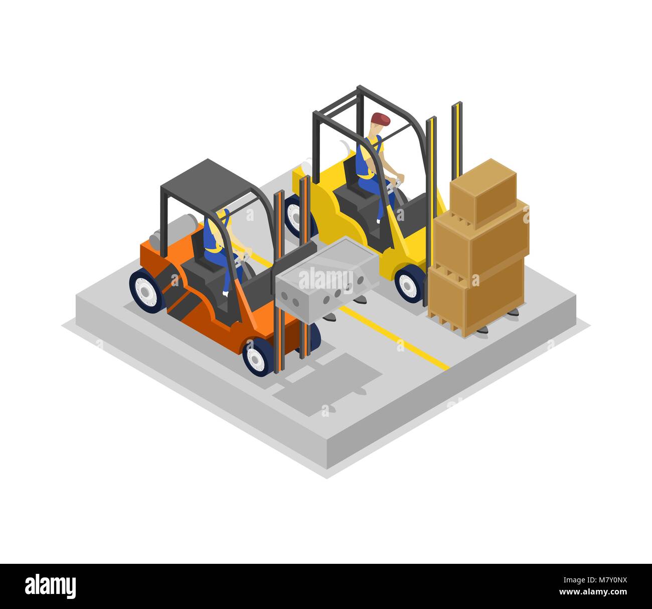 Warehouse forklifts in loading isometric 3D icon Stock Vector