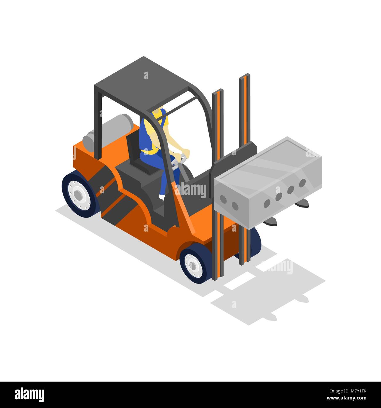 Forklift loading cinder block isometric 3D icon Stock Vector