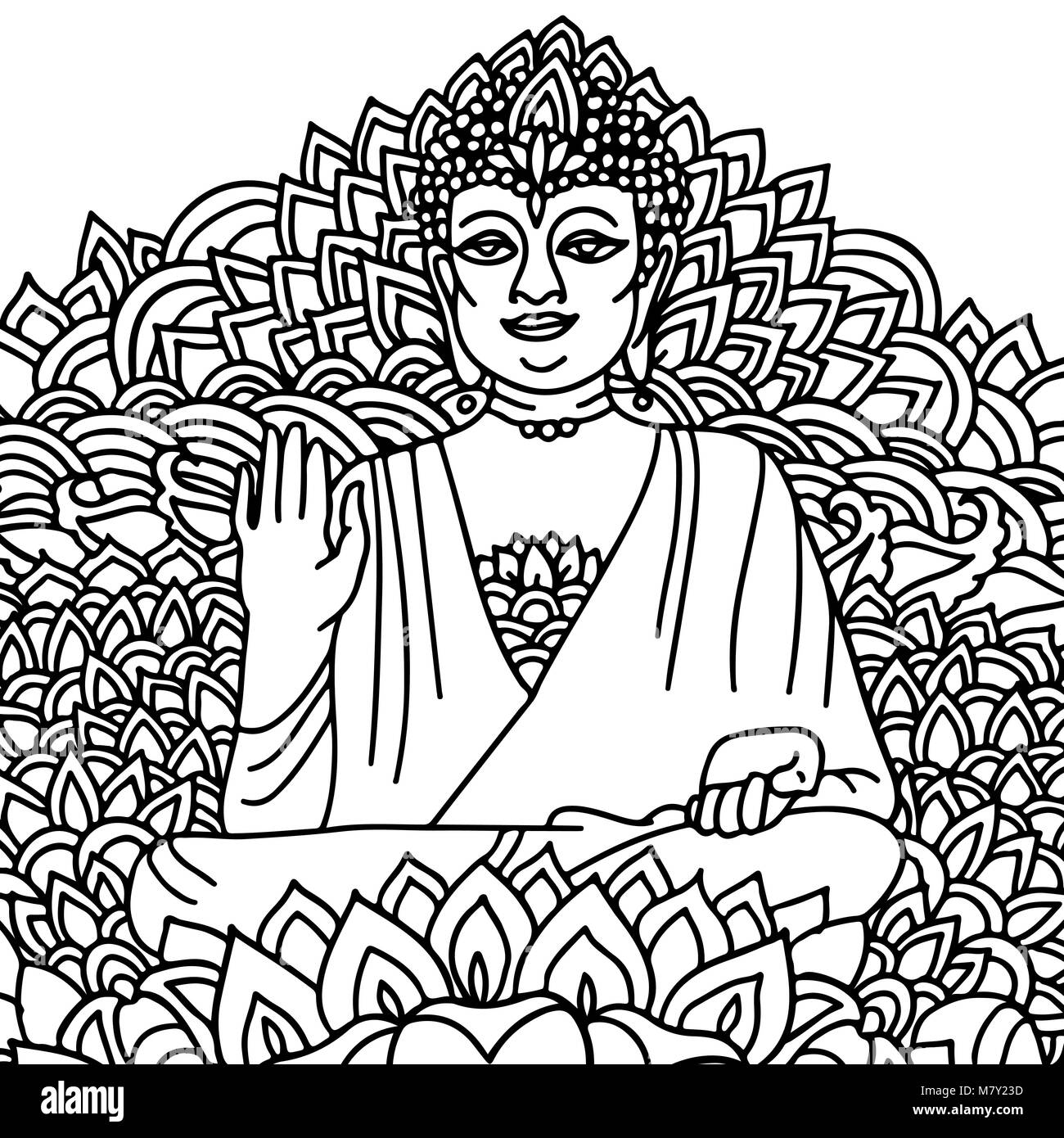 Sitting Buddha in a lotus flower. Mandala style print. Vector illustration. Stock Vector