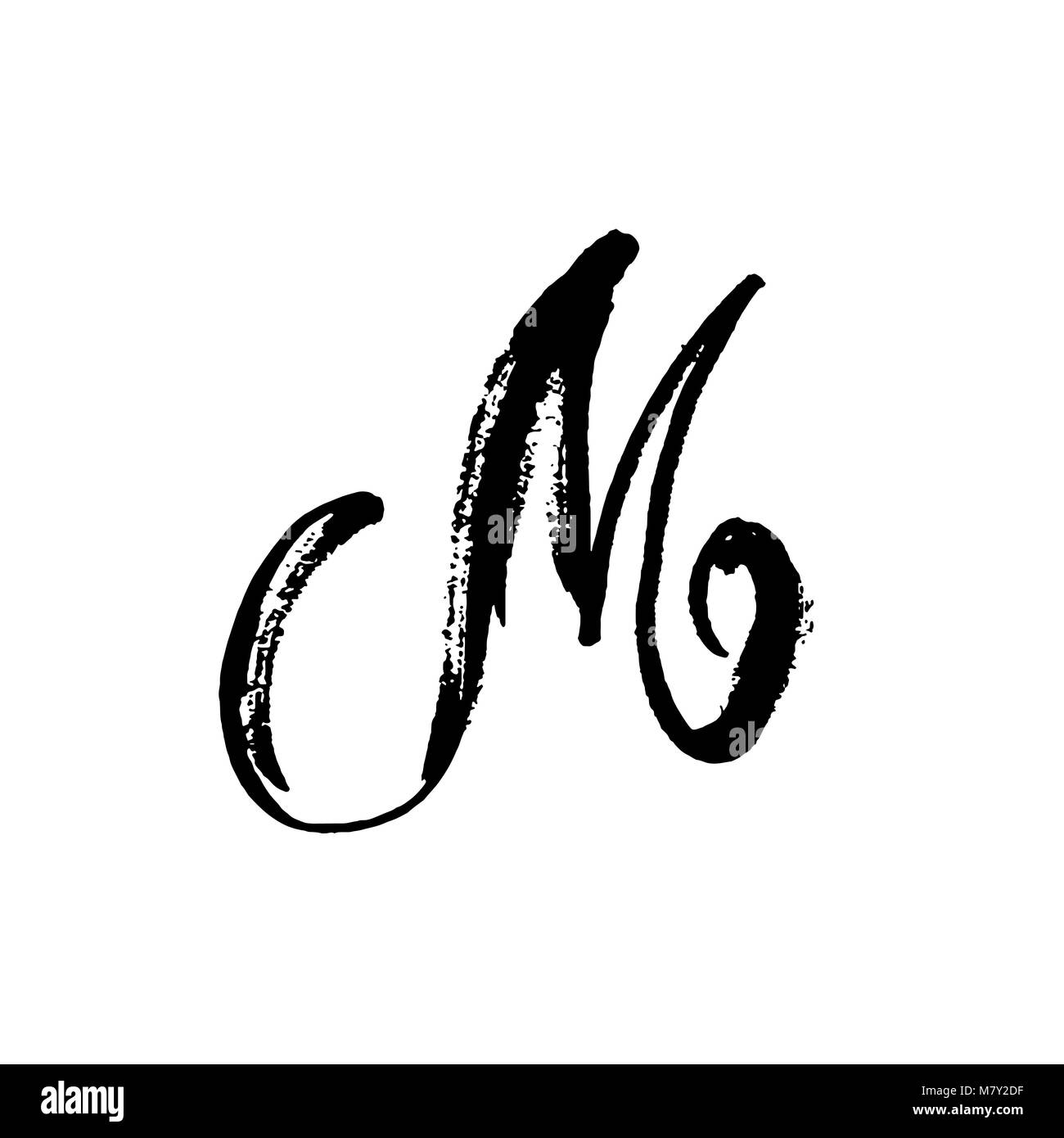 Letter M. Handwritten by dry brush. Rough strokes textured font ...