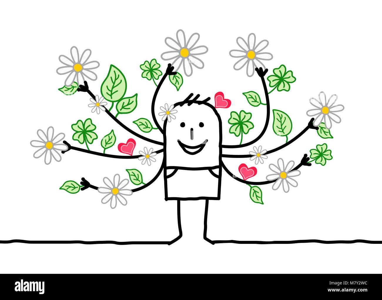 Cartoon Spring Man with Flowering Arms Stock Vector