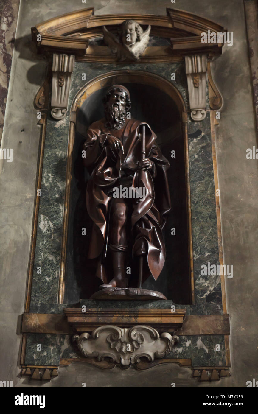 Wooden statue of Saint Roch (1510) by German sculptor Veit Stoss (Veit Stoß) in the Basilica della Santissima Annunziata (Basilica of the Most Holy Annunciation) in Florence, Tuscany, Italy. Stock Photo