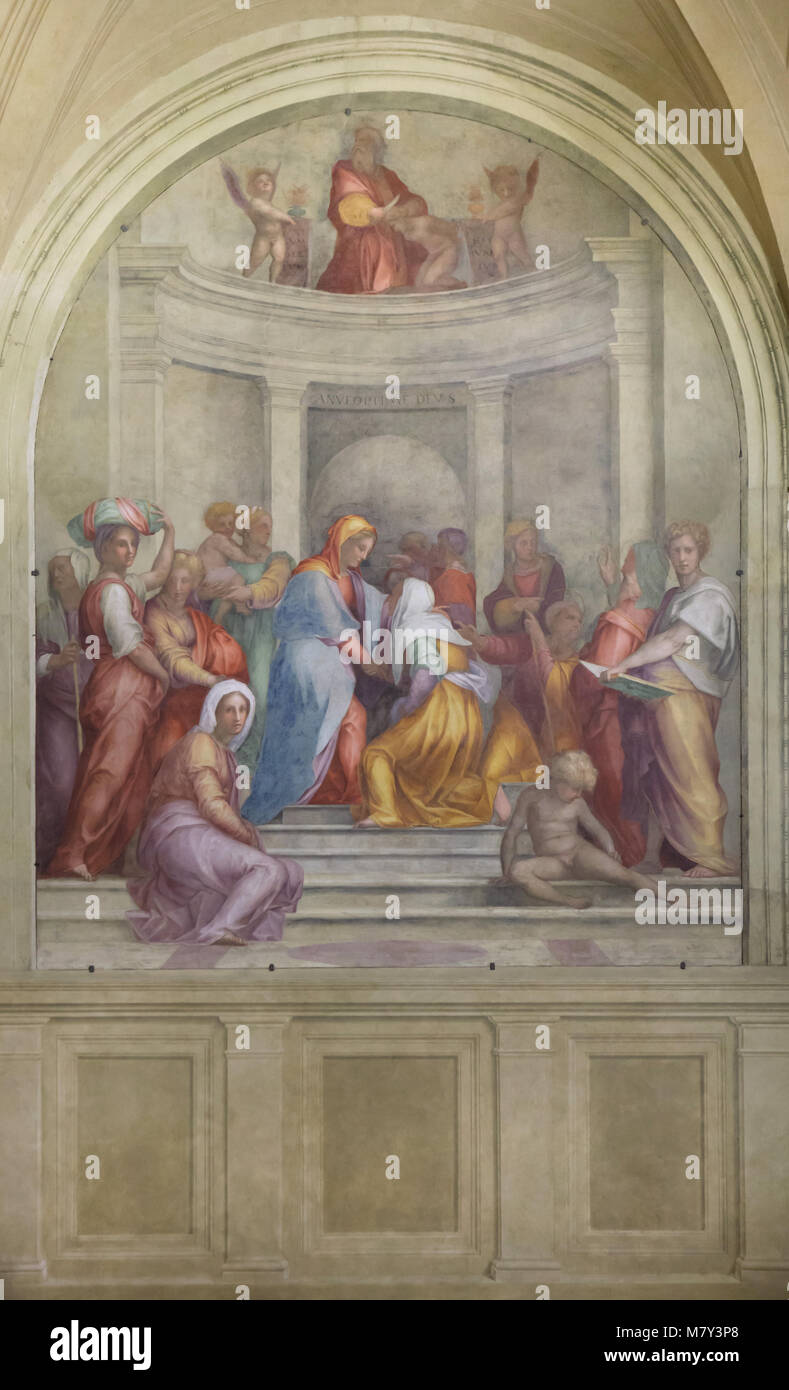 Visitation (1514-1516). Fresco by Italian Mannerist painter Jacopo Pontormo in the courtyard of the Basilica della Santissima Annunziata (Basilica of the Most Holy Annunciation) in Florence, Tuscany, Italy. Stock Photo
