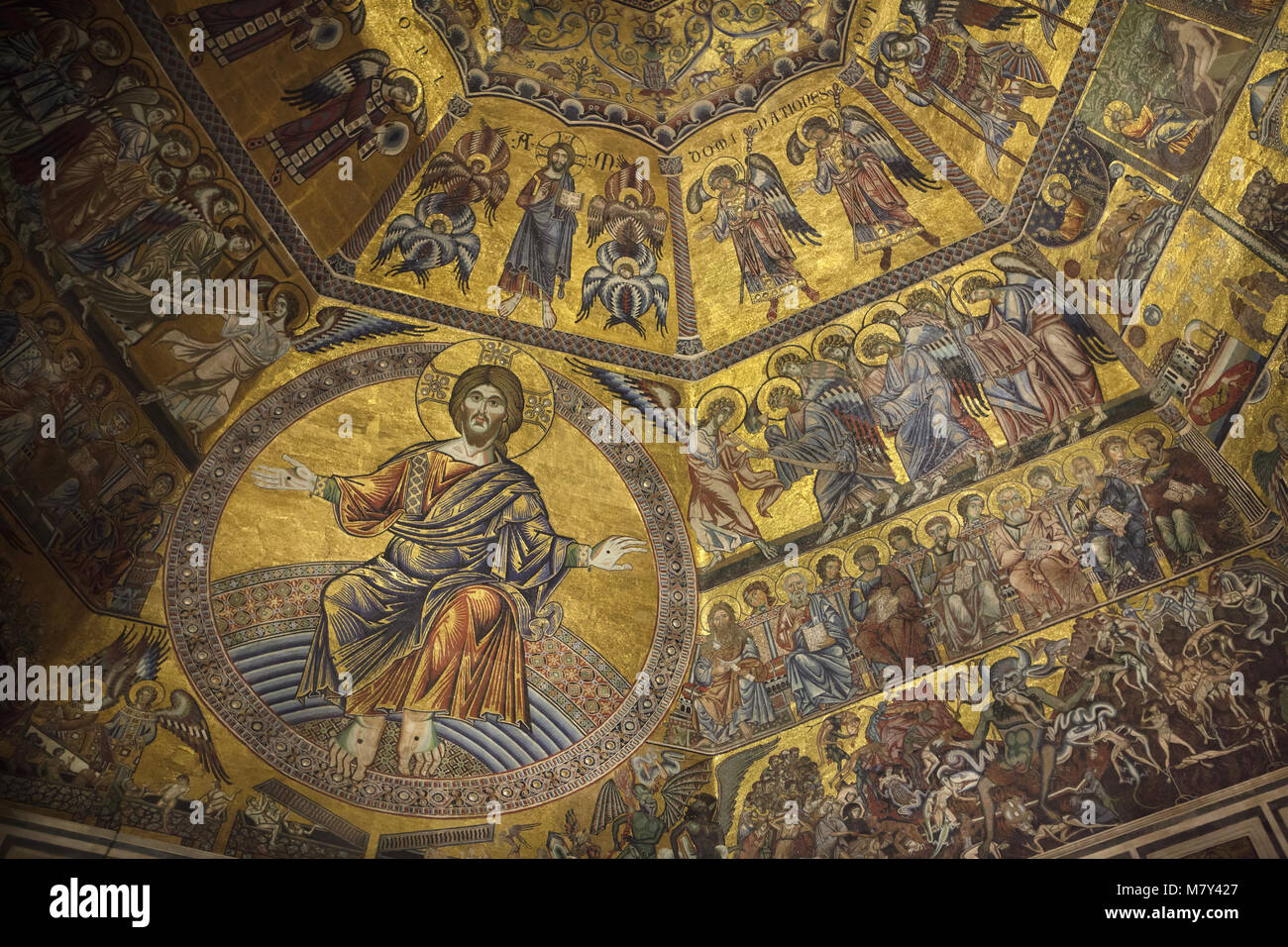 Last Judgement depicted in the medieval mosaics from the 13th century inside the octagonal dome in the Battistero di San Giovanni (Florence Baptistery) in Florence, Tuscany, Italy. Stock Photo