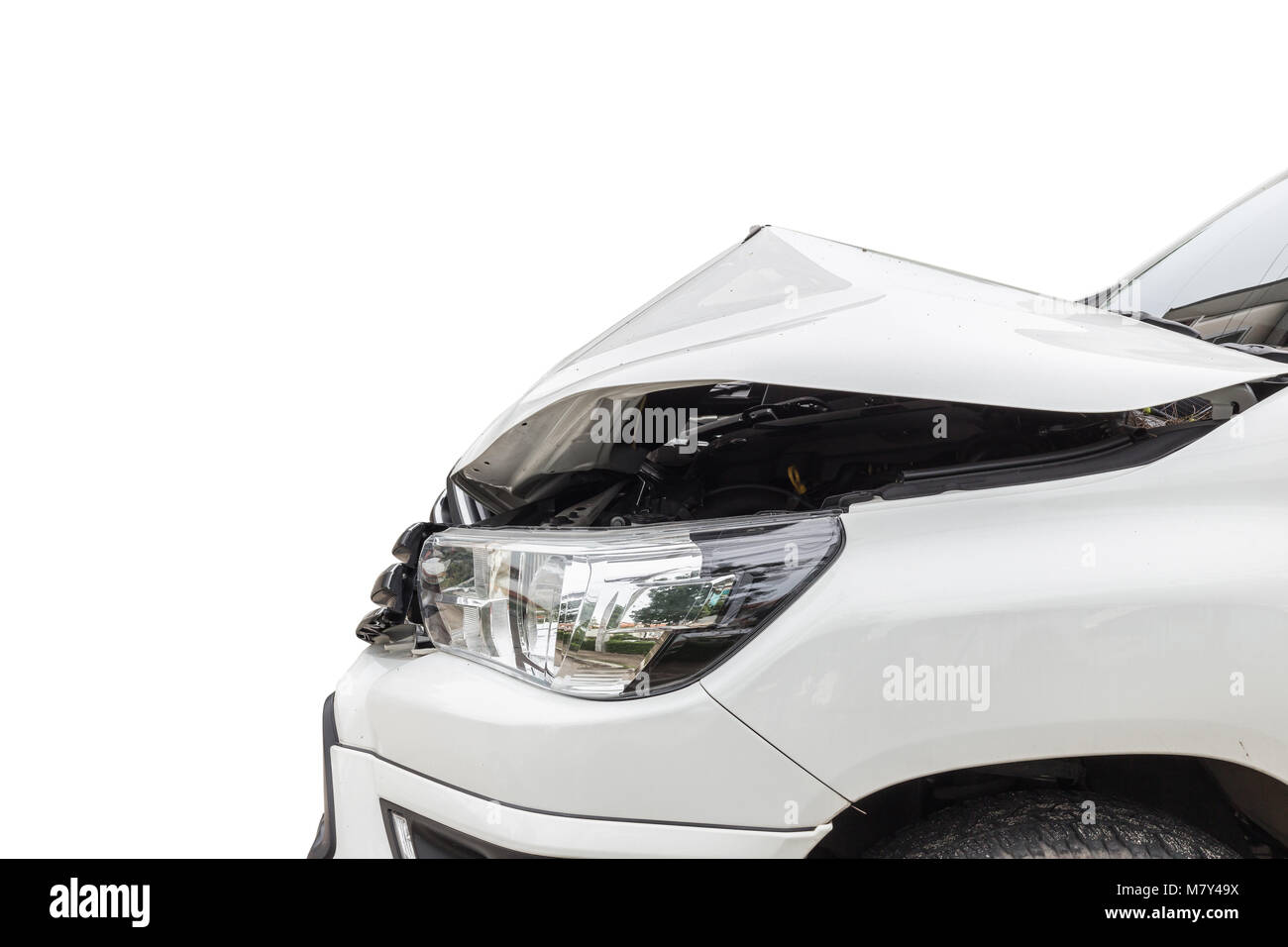 Front of white pickup car get damaged by accident on the road. Isolated on white background. Saved with clipping path Stock Photo