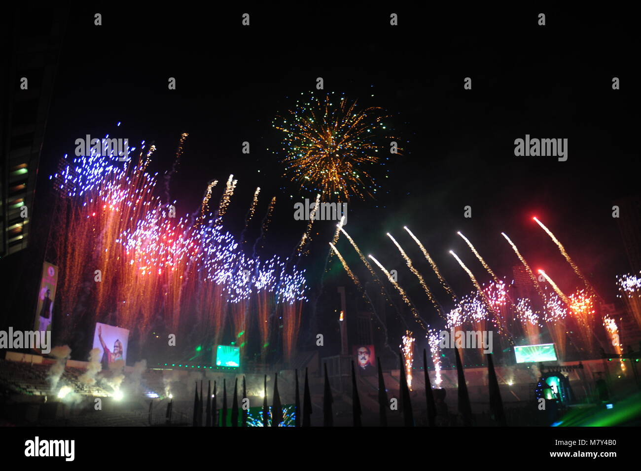 fireworks in Bangabandhu National Stadium. Stock Photo