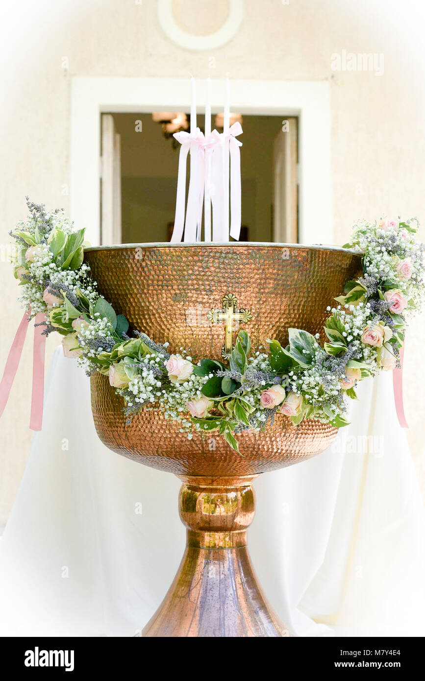 Orthodox Baptism Bowl prepared for christening ceremony in greek church
