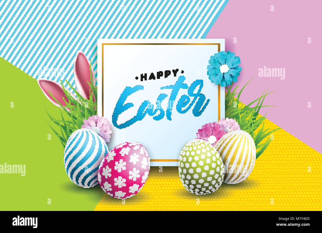 Vector Illustration of Happy Easter Holiday with Painted Egg, Rabbit ...