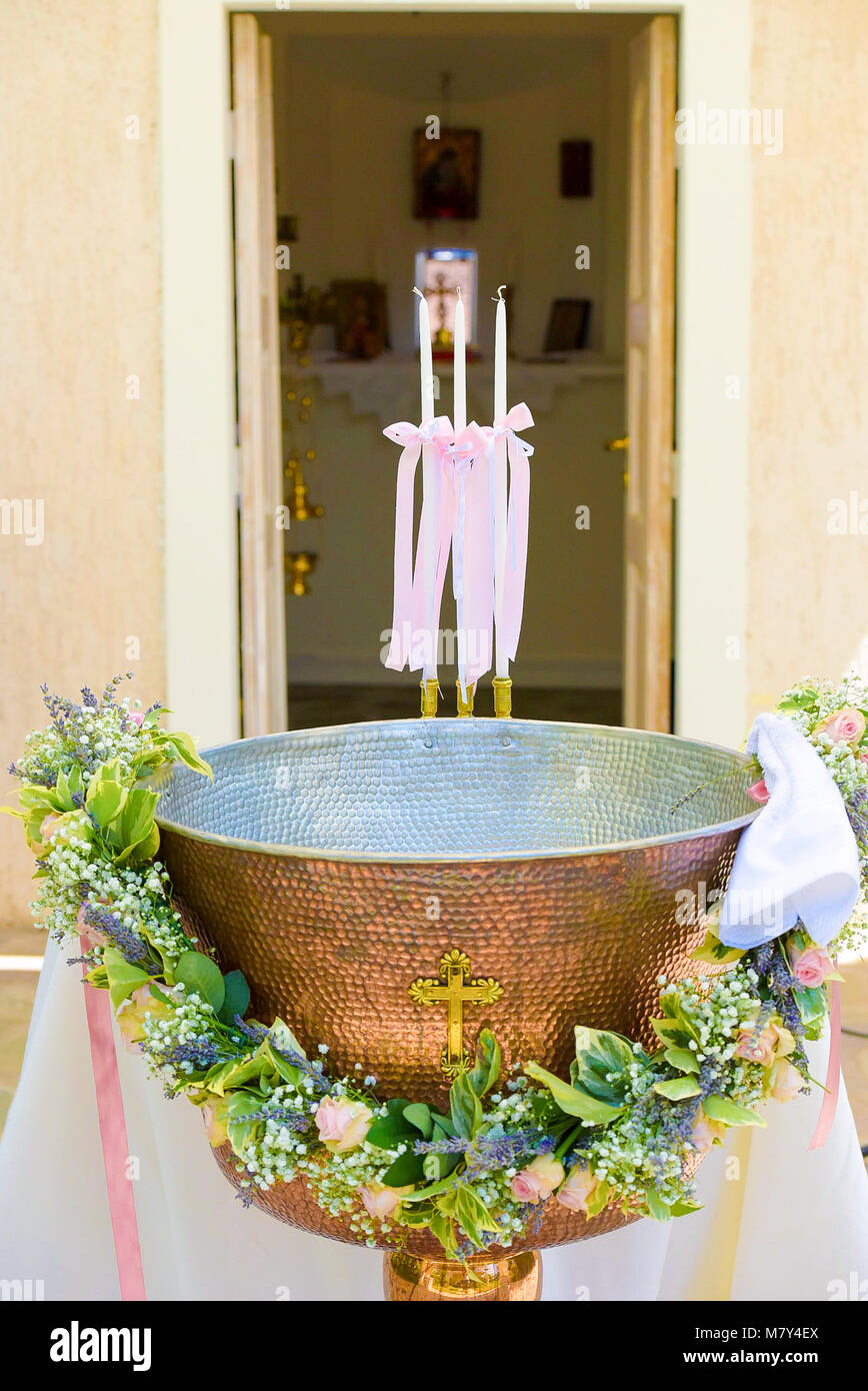 Orthodox Baptism Bowl prepared for christening ceremony in greek church Stock Photo Alamy