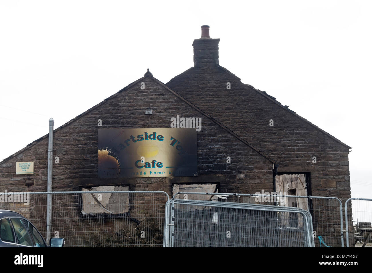 The Famous Hartside Cafe Near Alston After it was Destroyed by Fire in March 2018. Stock Photo