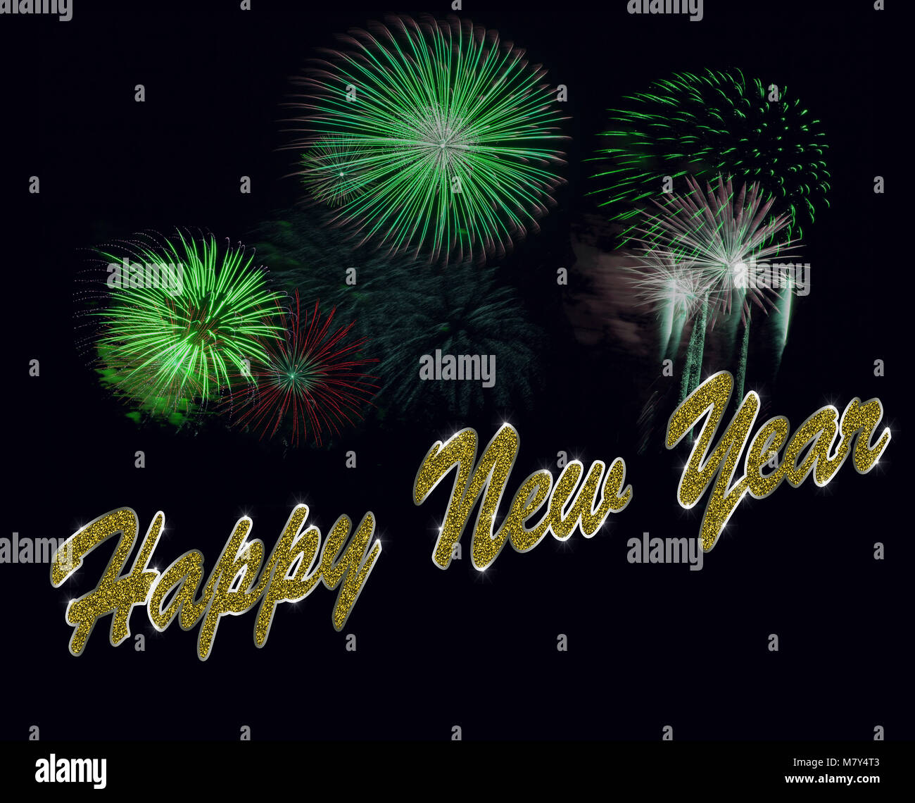 happy new year with fireworks and glitter text Stock Photo - Alamy