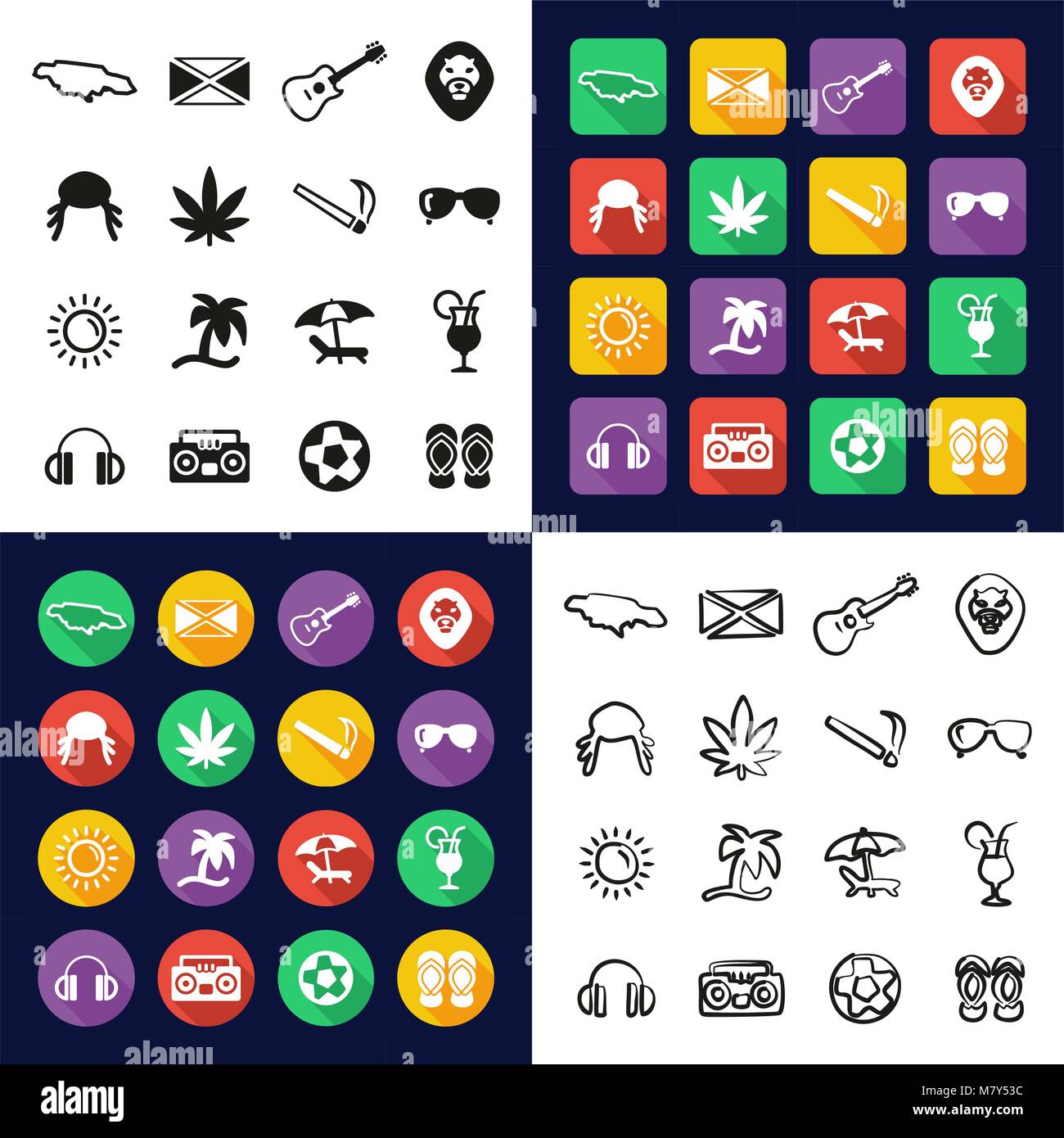 Jamaica All in One Icons Black & White Color Flat Design Freehand Set ...
