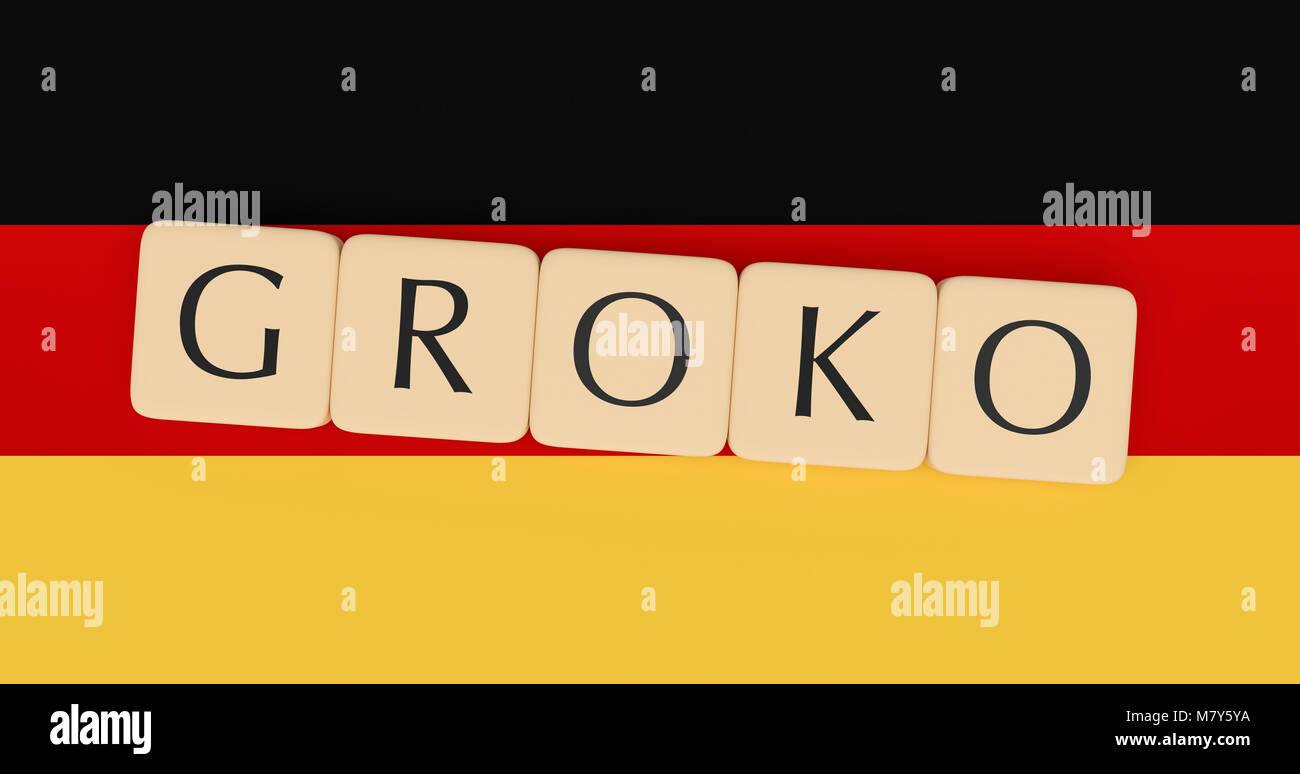 Germany Politics Concept: Letter Tiles Groko, German Word For Grand Coalition, On German Flag, 3d illustration Stock Photo
